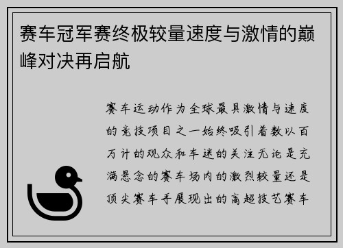 赛车冠军赛终极较量速度与激情的巅峰对决再启航